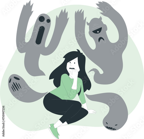 Terrified woman surrounded by menacing ghosts and spirits in a nightmare scene Keywords: fear, ghost, spirit, nightmare, terror, anxiety, phobia, haunted, scary, monster, apparition, haunting