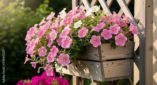 Pink Petunias in Wooden Planter Box on Fence.
