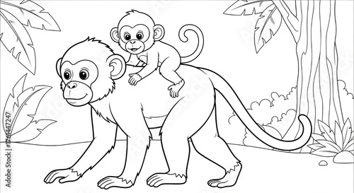 Adorable baby monkey rides on mother's back in jungle