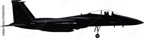 Modern fighter jet aircraft side view silhouette, F-15 Eagle vector illustration, military airplane design, aviation warplane concept, combat aircraft graphic
