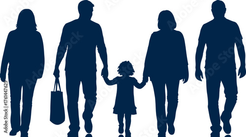 Diverse family silhouettes walking together holding hands joyful unity outdoor scene silhouette