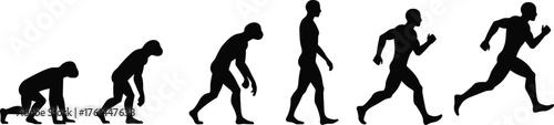 Silhouette evolution of man from crawling to running showing human progress, growth, fitness, motivation, athletic development, transformation, success concept