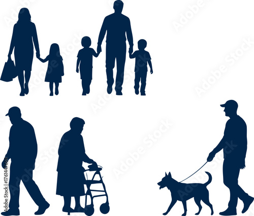 Diverse silhouettes of people walking and family together representing community and lifestyle silhouette