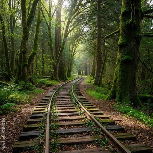 Railroad Tracks Through a Lush Green Forest Landscape.