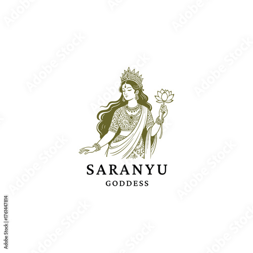 Hindu Goddess Saranyu, the deity of dawn and clouds. She is depicted wearing traditional Indian attire, ornate jewelry, and a crown, while gently holding a sacred lotus flower