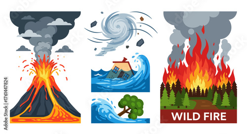 Illustrations of natural disasters: volcano eruption, hurricane with flood, and wildfire in a forest.