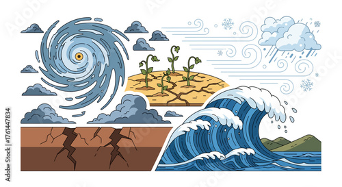Illustration depicting various natural disasters, including a hurricane, drought, and tsunami.