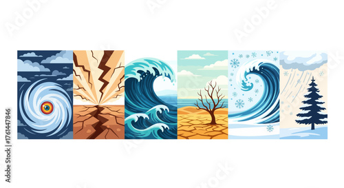 A collage of six panels illustrating various natural disasters and environmental phenomena, including hurricanes, earthquakes, tsunamis, droughts, blizzards, and heavy rain.