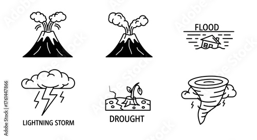 A collection of six black and white line art icons representing various natural disasters and extreme weather.