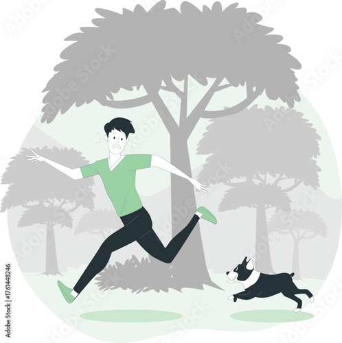 Man running away from a dog in a park with trees vector illustration