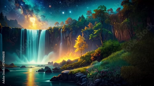 Majestic Waterfall Surrounded by Lush Forest and Glowing Sky at Dawn