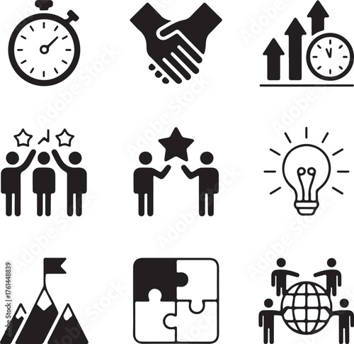 Business concept icons stopwatch handshake growth chart team success lightbulb mountain peak puzzle and global network