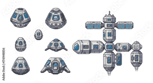 Space exploration detailed illustration of a futuristic space station and various spacecraft modules, designed for cosmic journeys and extraterrestrial missions