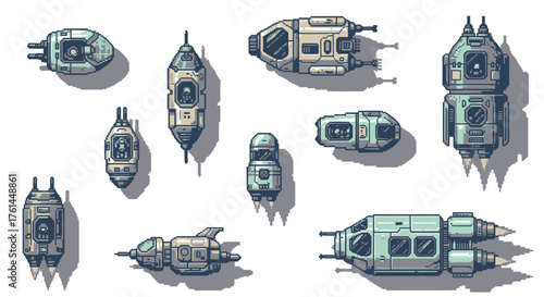 Collection of diverse pixel art spacecraft illustrations, featuring various futuristic vessels and vehicles suitable for game design, digital projects, and retro-themed science fiction concepts