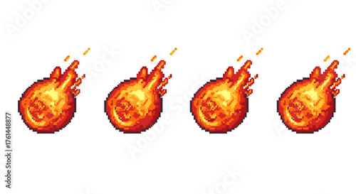 Fiery Meteor Shower A Digital Illustration of Multiple Burning Fireballs in a Row, Intense Orange Flames