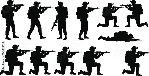 Silhouette of armed soldiers in different combat positions with rifles, military training poses, tactical defense, war preparation, and security concept