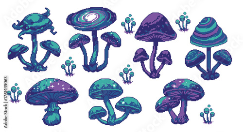 Vibrant pixel art fantasy mushrooms with glowing caps and celestial patterns. Ideal for magical game assets, enchanting digital illustrations, or whimsical forest designs