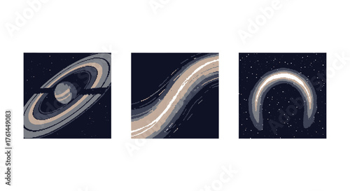 Abstract Cosmic Elements Illustrative Icons of Planets, Space Trails, and Celestial Arcs