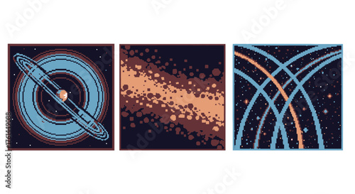 Cosmic Abstract Art A Triptych of Space Imagery Featuring Rings, Nebulae, and Galactic Trails