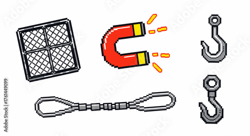 A detailed pixel art set of industrial tools and equipment, featuring a vibrant magnet, sturdy hooks, wire sling, and a metal grate for projects