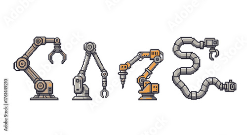 A diverse set of pixel art industrial robotic arms, showcasing different manipulators like claws and drills for automation concepts