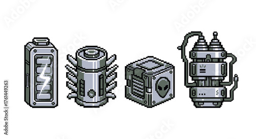 Pixel art futuristic sci-fi devices collection for game development. Features a power cell, alien container, advanced generator, and high-tech core in a retro style