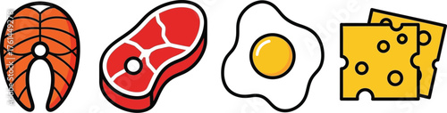 Keto diet food icons salmon steak egg and cheese vector graphic