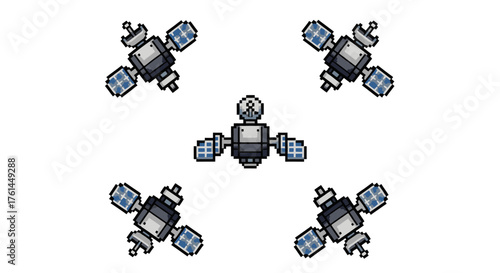 Satellite Array Pixel Art Illustration of Space Communication Network