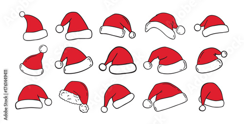Hand drawn cartoon Santa Claus hat isolated clipart set. Doodle Christmas, New Year Santa Claus hats white and red concept.
