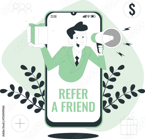 Man holding gift and megaphone emerging from smartphone screen with refer a friend message Keywords: referral, marketing, promotion, business, smartphone, mobile, app, online, social media