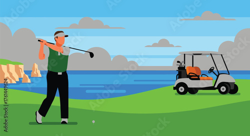 Golfing illustration vector image of man playing golf on course