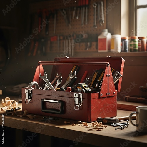Vintage Toolbox Filled with Tools on a Workbench in a Workshop.
