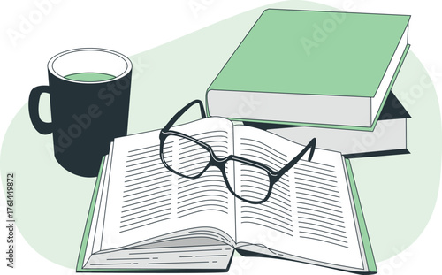 Open book with glasses on top next to a mug and stack of books Keywords: reading, book, books, glasses, mug, coffee, tea, beverage, knowledge, education, literature, illustration, flat design
