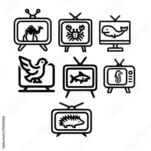 Animal icon set inside classic television featuring camel whale lobster bird shark seahorse and hedgehog