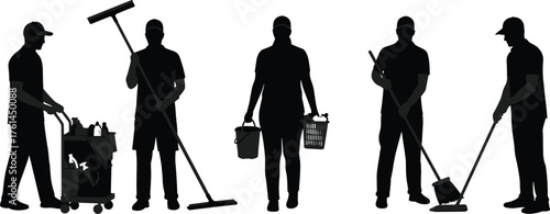 Silhouette of cleaning staff working with mops, buckets, and carts, professional janitors maintaining cleanliness, hygiene, sanitation, and workplace service concept