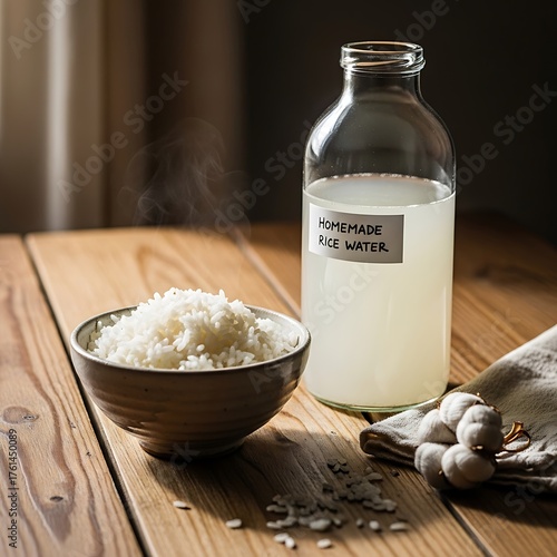 Homemade Rice Water and Rice Bowl on Wooden Table.