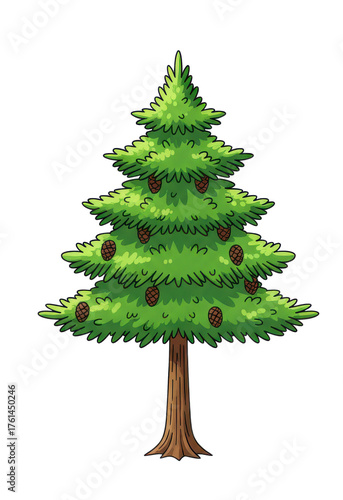 Cartoon Style Evergreen Pine Tree With Pinecones and Brown Trunk Against Transparent Background