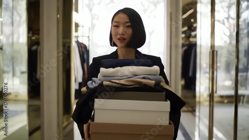 A woman in a black blazer holds folded clothes and boxes