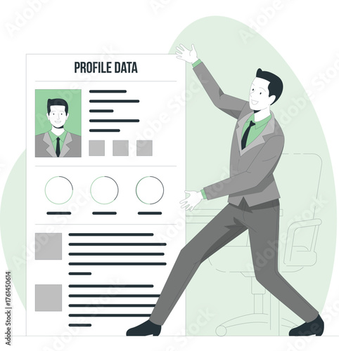 Man presenting his profile data on a large resume document information