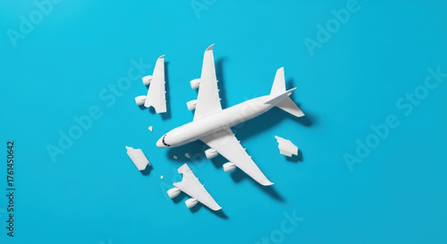 Broken White Plane on Blue Surface: Conceptual Representation of Travel Disruption Aviation Crisis Plane Crash and Air Transport Industry Downturn