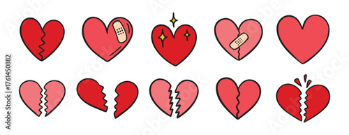 broken heart pink doodle hand drawn icon set. Outline drawing broken red hearts line clipart symbol collection