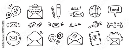 mail and email icon doodle hand drawn set. Outline drawing mail and email line clipart symbol collection