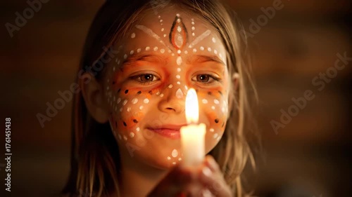 Enchanting Young Girl with Tribal Face Paint Gazes Upward, Illuminated by a Flickering Candle's Glow.