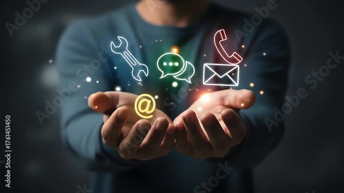 Hands hold glowing icons for support communication and contact