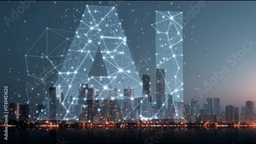 A hologram of AI data network taking over a corporate office skyline, visualizing digital transformation and employment crisis.