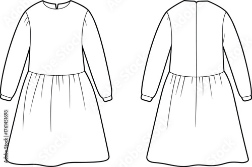 Long sleeve dress technical flat sketch, front and back view, round neckline fitted bodice gathered skirt cuff detail, CAD drawing flat vector illustration