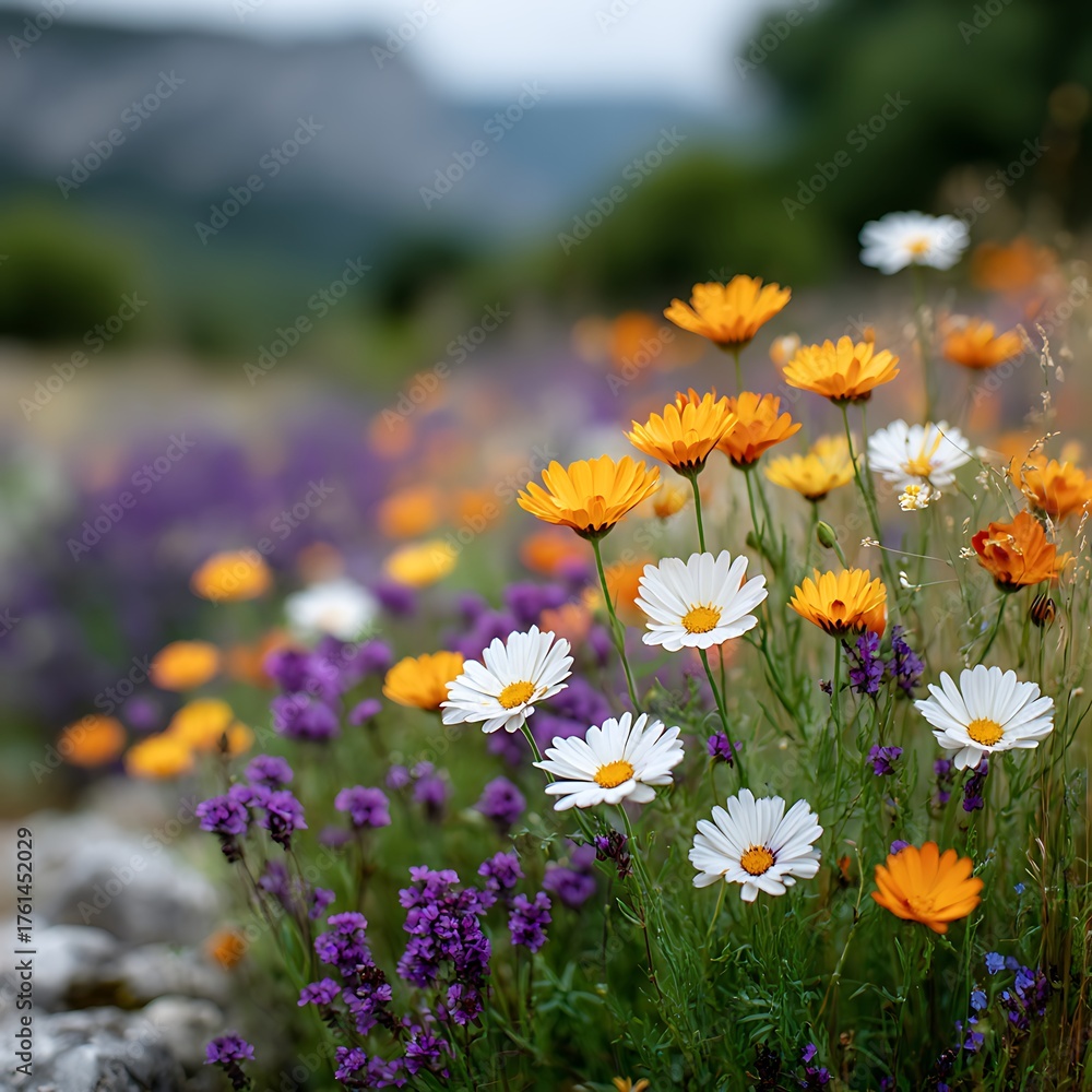 Obraz premium Vibrant Field of Colorful Wildflowers in Full Bloom under a Bright Blue Sky