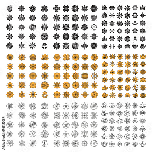 Floral icon set collection with black, gold and outline flower elements, decorative botanical symbols for logo design, pattern making, textile print, invitation, packaging and vector illustration