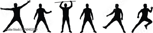 Silhouette of man performing various fitness exercises, workout training poses, active lifestyle concept, gym body movement, sports illustration vector design