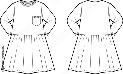 Long sleeve dress technical flat sketch, front and back view, round neckline gathered skirt patch pocket design, CAD drawing flat vector illustration